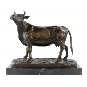 Foundry Cast Bronze Cow Sculpture On Marble Base 34cm