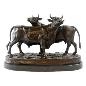 Cow And Bull Foundry Cast Bronze Sculpture On Marble Base 44cm