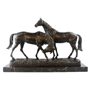 Pair Of Horses Foundry Cast Bronze Sculpture On Marble Base 53cm