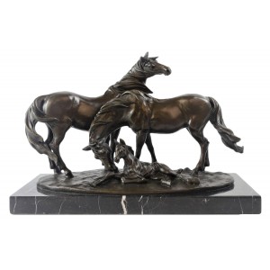 Pair Of Horses and Foal Hot Cast Bronze Sculpture On Marble Base 42cm
