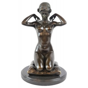 Kneeling Nude Lady Foundry Cast Bronze Sculpture On Marble Base 31cm