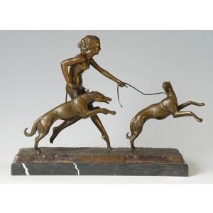 Lady With 2 Dogs Bronze Sculpture On Marble Base 42cm