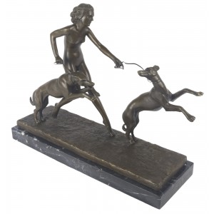 Lady With 2 Dogs Foundry Cast Bronze Sculpture On Marble Base 42cm