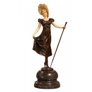 Lady With Hat Holding Stick On Marble Base 40cm