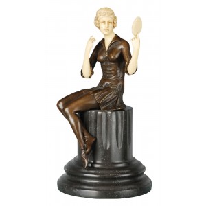 Lady With Mirror Foundry Cast Bronze Sculpture On Marble Base 35cm