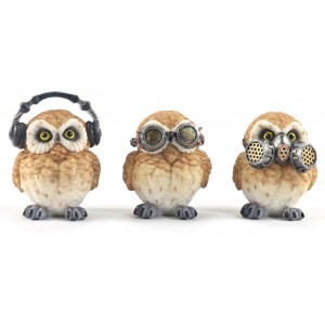 Set Of 3 Steampunk Owls - Hear, See And Speak No Evil - 8.5cm 