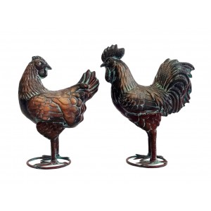 27.5cm - Pair of Aged Copper/Verdigris Finish 3D Small Rooster/Hen Statues On Heavy Metal Base 