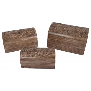 Mango Wood Leaf Design Domed Trinket Jewellery Boxes - Set/3