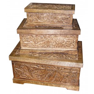 Mango Wood Leaf Design Trinket Jewellery Boxes - Set/3