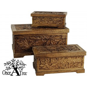 Mango Wood Leaf Design Trinket Jewellery Boxes - Set/3