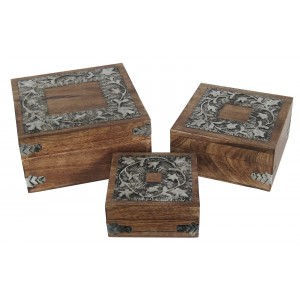 Mango Wood - Metal Flower Design Set of 3 Boxes 20.5cm