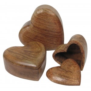 Mango Wood Heart Shaped Trinket Jewellery Boxes - Set/3