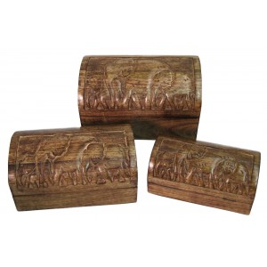 Mango Wood Elephant Design Domed Trinket Jewellery Boxes - Set/3