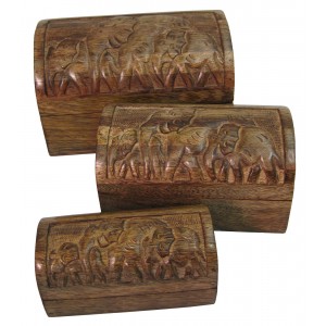 Mango Wood Elephant Design Domed Trinket Jewellery Boxes - Set/3