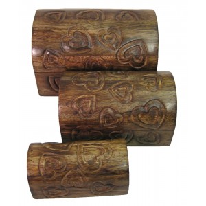 Mango Wood Heart Design Domed Trinket Jewellery Boxes - Set/3