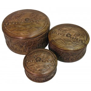 Mango Wood Elephant Design Round Trinket Boxes - Set/3