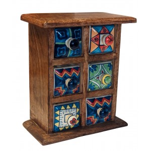 Mango Wood Ceramic Almirah Spice Trinket Chest - 6 Drawers