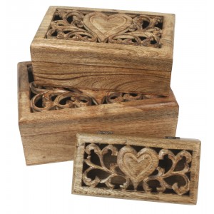 Mango Wood Set/3 Oblong Boxes Heart Carvings Design