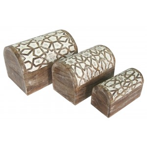 Mango Wood Star Design Domed Trinket Jewellery Boxes - Set/3