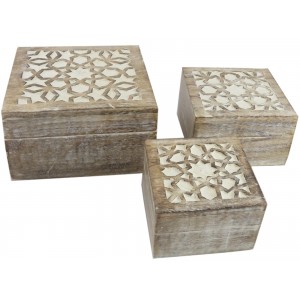 Mango Wood Star Design Set/3 Square Boxes - Burnt White Finish