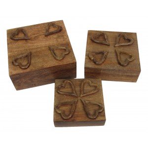 Mango Wood Heart Design Square Trinket Jewellery Boxes - Set/3