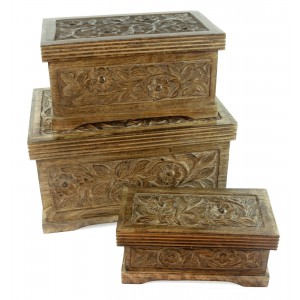 Mango Wood Flower Design Trinket Jewellery Boxes - Set of 3