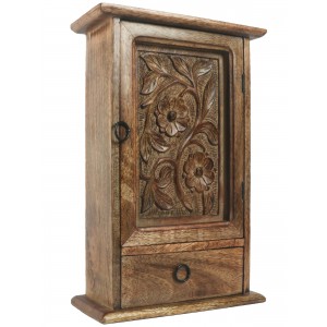 Mango Wood Key Box with Drawer Flower Design 