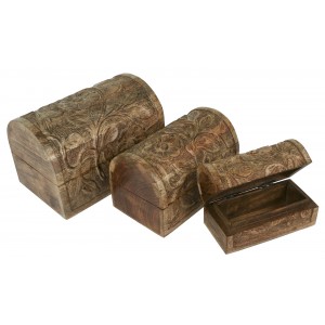 Mango Wood Domed Flower Decorative Boxes Chests- Set/3