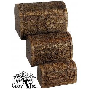 Mango Wood Domed Flower Decorative Boxes Chests- Set/3