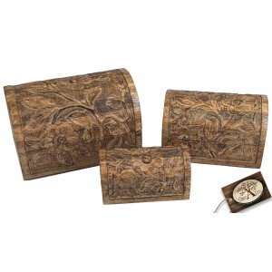 Mango Wood Domed Flower Decorative Boxes Chests- Set/3