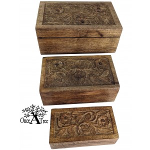 Mango Wood Flower Oblong Boxes - Set of 3