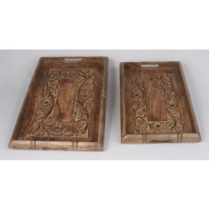 Mango Wood Flower Design Trays Set/2