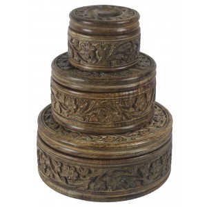 Mango Wood Round Flower Trinket Jewellery Boxes - Set/3