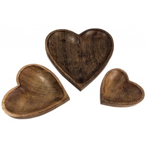 Mango Wood Heart Shaped Bowls - Set/3