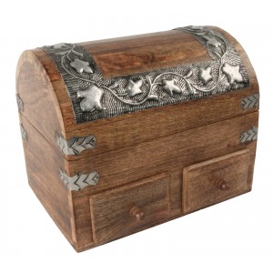 Mango Wood Metal Overlay Dome Top Box With 2 Drawers