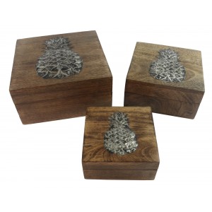 Mango Wood Pineapple Overlay Design Set of 3 Boxes