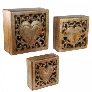 Mango Wood Set/3 Square Boxes Heart Carvings Design - Set of 3