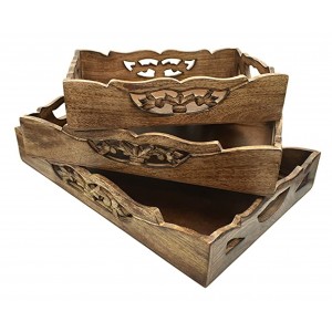 Mango Wood Set of 3 Trays - Cutwork - Heart Burnt 45.7cm