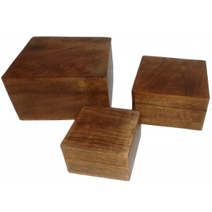 Mango Wood Set of 3 Square Boxes - Plain - 17.8cm