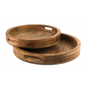 Mango Wood Plain Circular Trays - 35.8cm - Set of 2