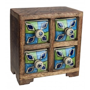 Ceramic 4 Drawer Almirah Mango Wood - Green and Blue - 15cm 