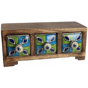 Ceramic 3 Drawer Almirah Mango Wood - Horizontal Green and Blue - 20.5cm