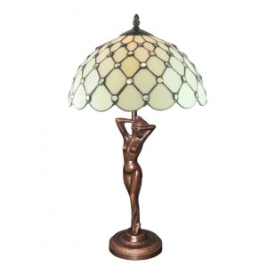 Cream Jewelled Tiffany Lamp With Lady Base 53cm With 33 Dia  + Free Bulb