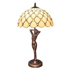 Cream Jewelled Tiffany Lamp With Lady Base 53cm With 30 Dia  + Free Bulb