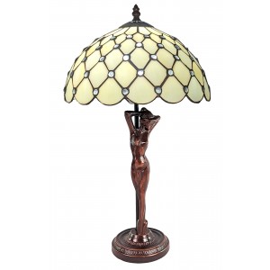 Cream Jewelled Tiffany Lamp With Lady Base 53cm With 30 Dia  + Free Incandescent Bulb