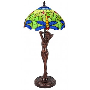 Dragonfly Tiffany Lamp W/Lady Base 52cm With 33 Dia. + Free Incandescent Bulb