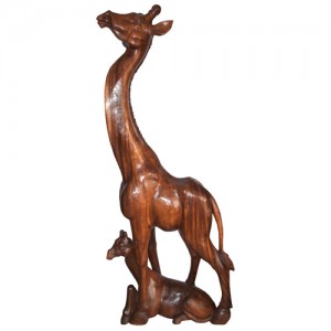 Hand Carved Suar Wood Giraffe & Calf Sculpture 200cm