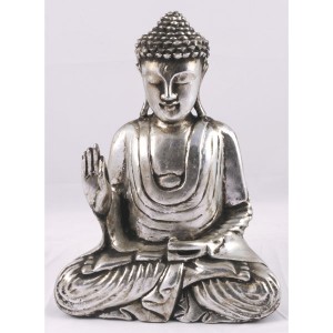 Suar Wood Meditating Thai Buddha Antique Silver Finish 33cm