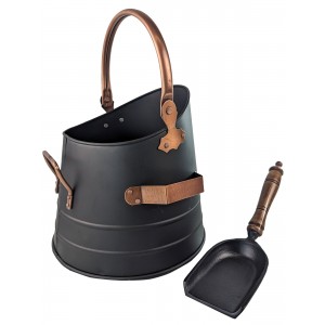 37cm Round Bucket With Shovel - Black With Copper Handles