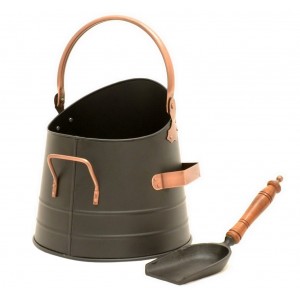37cm Round Bucket With Shovel - Black With Copper Handles